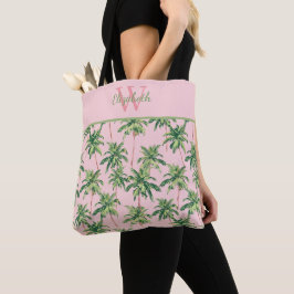 Tropische palmbomen op roze monogram tote bag