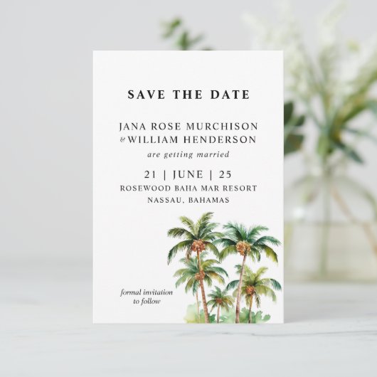 Tropische palmbomen plat opslaan de datum save the date (Staand voorkant)