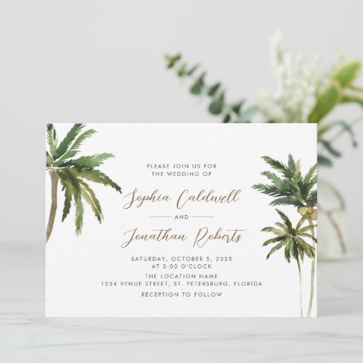Tropische palmbomen QR Code Destination Wedding Kaart (Staand voorkant)