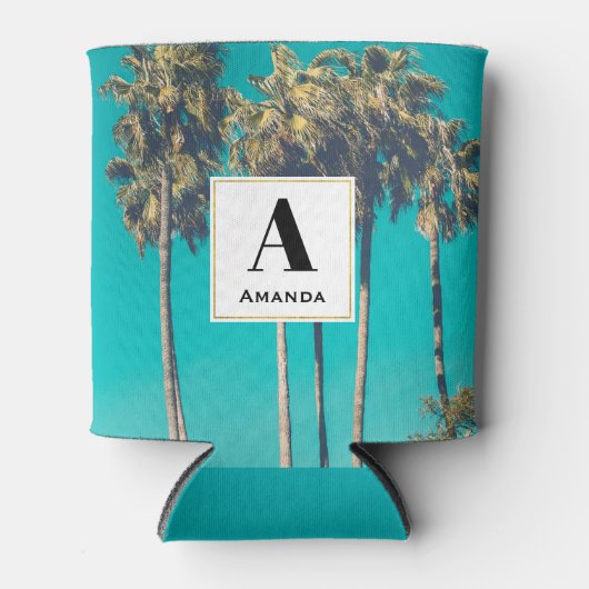 Tropische palmbomen Retro Vibe Monogram Blikjeskoeler (Voorkant)