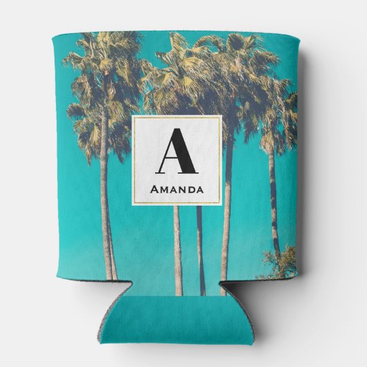 Tropische palmbomen Retro Vibe Monogram Blikjeskoeler (Achterkant)