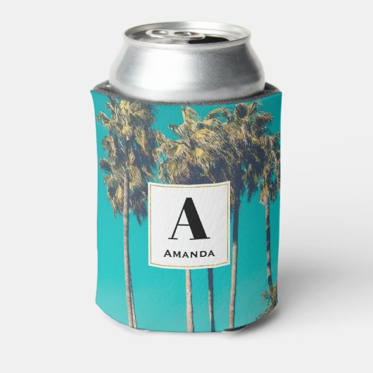 Tropische palmbomen Retro Vibe Monogram Blikjeskoeler (Blikje Achterkant)