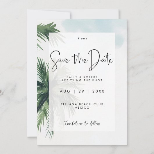 Tropische palmbomen slaan de datumkaart op bedankkaart (Voorkant)