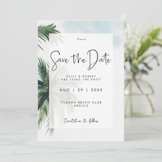 Tropische palmbomen slaan de datumkaart op bedankkaart (Staand voorkant)