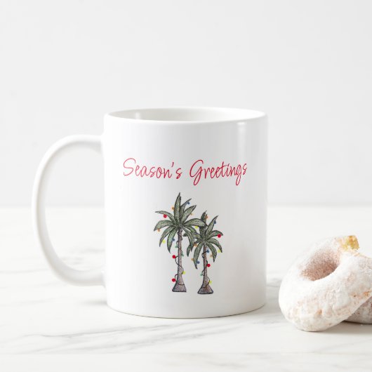 Tropische Palmbomen Strand Kerst Illustratie Koffiemok (Met donut)