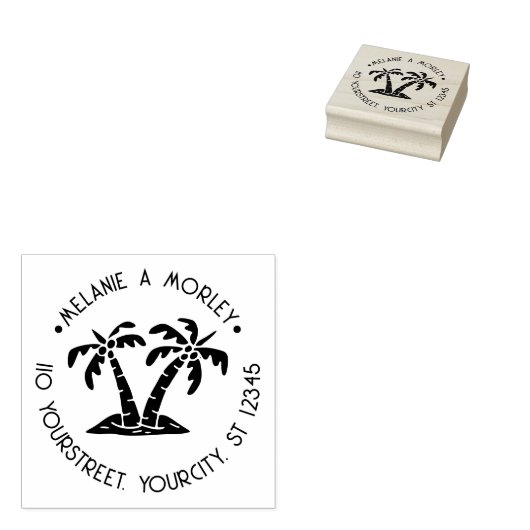 Tropische palmbomen strand ronde naam adres #2 rubberstempel (Gestempeld)
