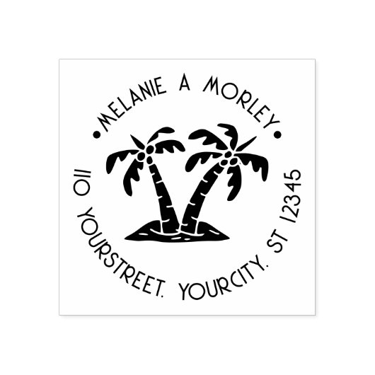 Tropische palmbomen strand ronde naam adres #2 rubberstempel (Afrduk)