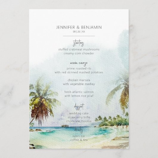 Tropische palmbomen strand scène moderne bruiloft menu (Voorkant)