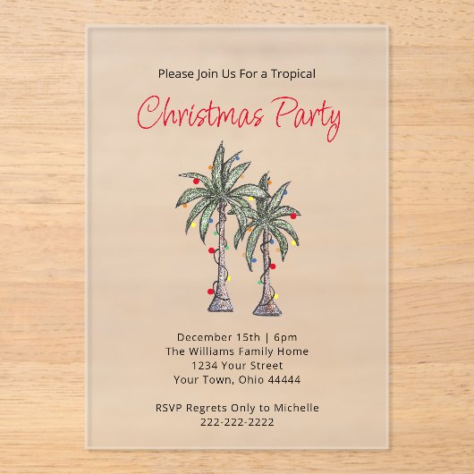 Tropische palmbomen strand vakantie feest Kerstmis Acryl Uitnodigingen (Voorkant)