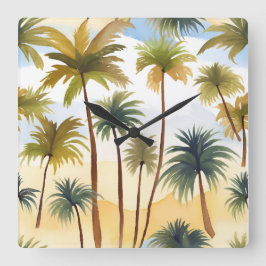 Tropische palmbomen | Strand watercolor schilderij Vierkante Klok