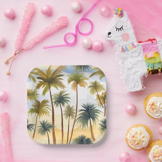 tropische palmbomen | Strand Waterverf schilderij Papieren Bordje (Feest)