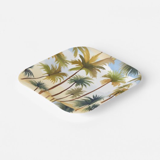 tropische palmbomen | Strand Waterverf schilderij Papieren Bordje (Gebogen)