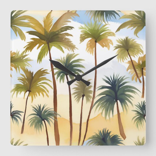 tropische palmbomen | Strand Waterverf schilderij Vierkante Klok (Voorkant)