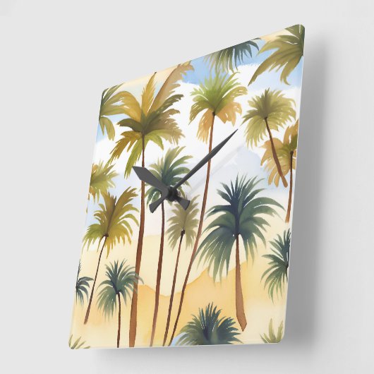 tropische palmbomen | Strand Waterverf schilderij Vierkante Klok (Hoek)
