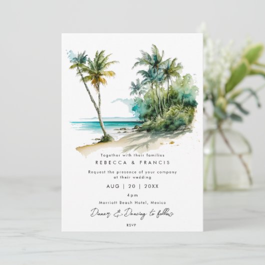 tropische palmbomen strandtrouwuitnodiging kaart (Staand voorkant)