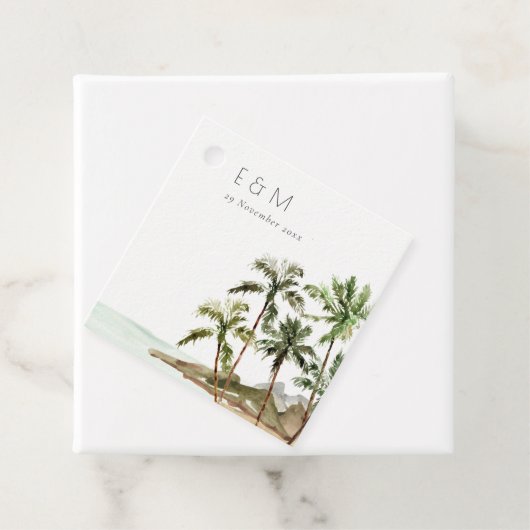 Tropische palmbomen straten zand monogram huwelijk bedankjes labels (In situ)