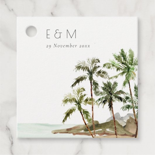 Tropische palmbomen straten zand monogram huwelijk bedankjes labels (Voorkant)