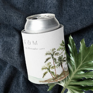 Tropische palmbomen straten zand monogram huwelijk blikjeskoeler