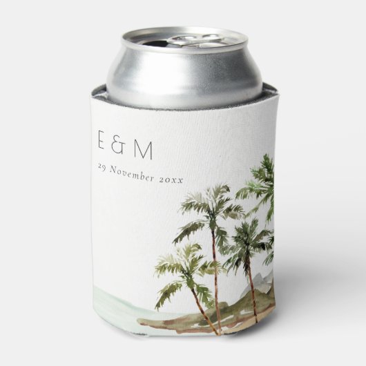 Tropische palmbomen straten zand monogram huwelijk blikjeskoeler (Blikje Voorkant)
