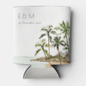 Tropische palmbomen straten zand monogram huwelijk blikjeskoeler (Voorkant)