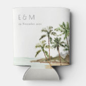 Tropische palmbomen straten zand monogram huwelijk blikjeskoeler (Achterkant)