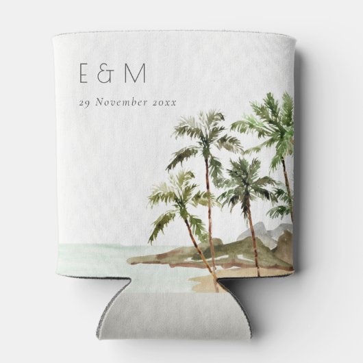 Tropische palmbomen straten zand monogram huwelijk blikjeskoeler