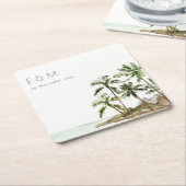 Tropische palmbomen straten zand monogram huwelijk kartonnen onderzetters (Schuin)