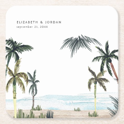 Tropische palmbomen straten zand monogram huwelijk kartonnen onderzetters (Voorkant)