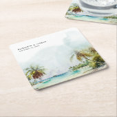 Tropische palmbomen straten zand monogram huwelijk kartonnen onderzetters (Schuin)