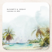 Tropische palmbomen straten zand monogram huwelijk kartonnen onderzetters (Voorkant)