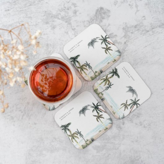 Tropische palmbomen straten zand monogram huwelijk kartonnen onderzetters