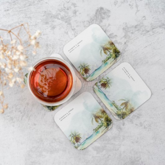 Tropische palmbomen straten zand monogram huwelijk kartonnen onderzetters