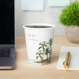 Tropische palmbomen straten zand monogram huwelijk papieren bekers