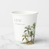 Tropische palmbomen straten zand monogram huwelijk papieren bekers (Achterkant)