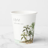 Tropische palmbomen straten zand monogram huwelijk papieren bekers (Voorkant)