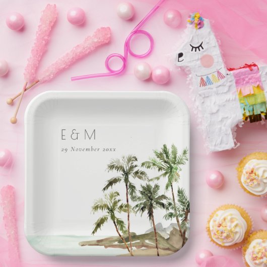 Tropische palmbomen straten zand monogram huwelijk papieren bordje (Feest)