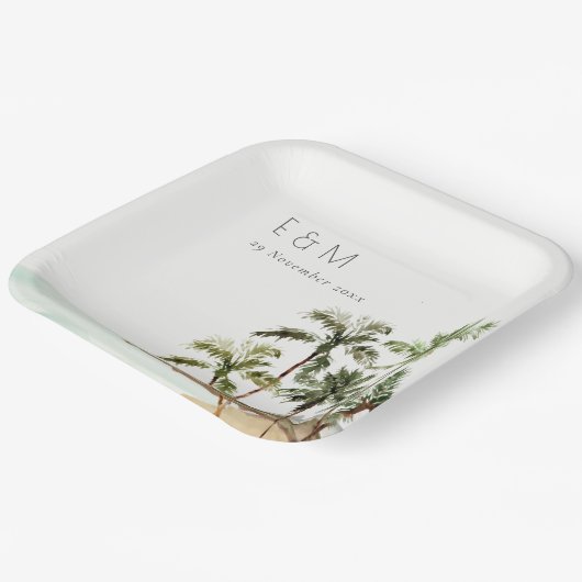 Tropische palmbomen straten zand monogram huwelijk papieren bordje (Gebogen)