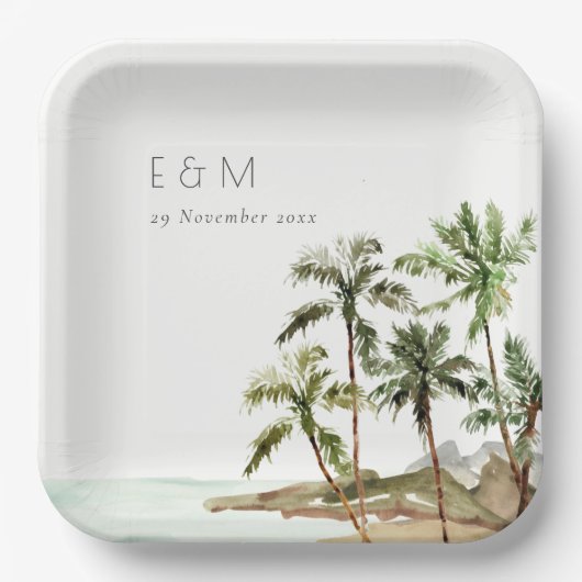 Tropische palmbomen straten zand monogram huwelijk papieren bordje (Voorkant)