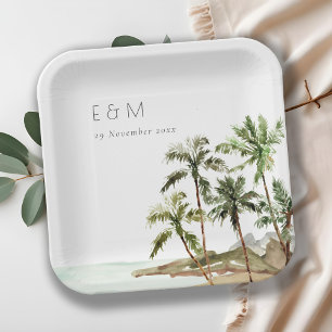 Tropische palmbomen straten zand monogram huwelijk papieren bordje