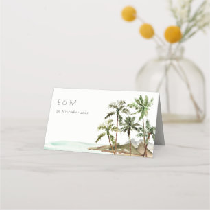 Tropische palmbomen straten zand monogram huwelijk plaatskaartje