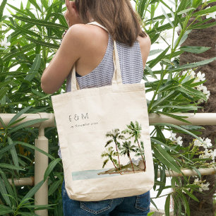 Tropische palmbomen straten zand monogram huwelijk tote bag