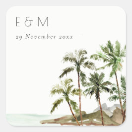 Tropische palmbomen straten zand monogram huwelijk vierkante sticker