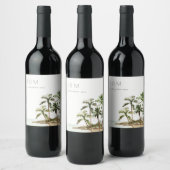 Tropische palmbomen straten zand monogram huwelijk wijn etiket (Flessen)