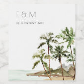 Tropische palmbomen straten zand monogram huwelijk wijn etiket (Enkel label)
