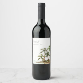 Tropische palmbomen straten zand monogram huwelijk wijn etiket