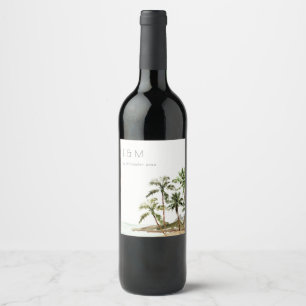 Tropische palmbomen straten zand monogram huwelijk wijn etiket