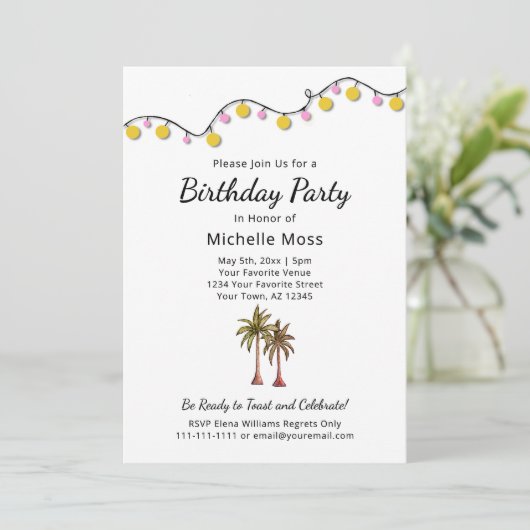 Tropische Palmbomen String Lights Verjaardagsfeest Kaart (Staand voorkant)