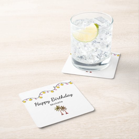 Tropische Palmbomen String Lights Verjaardagsfeest Kartonnen Onderzetters (Insitu)