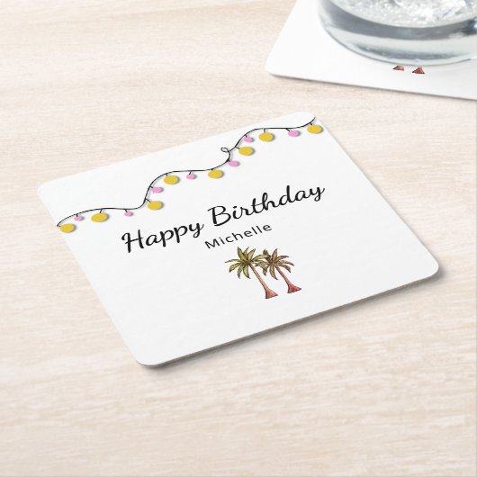 Tropische Palmbomen String Lights Verjaardagsfeest Kartonnen Onderzetters (Schuin)