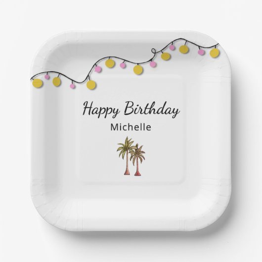 Tropische Palmbomen String Lights Verjaardagsfeest Papieren Bordje (Voorkant)